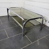 Chromed metal coffee table with smoked glass top from the 70s