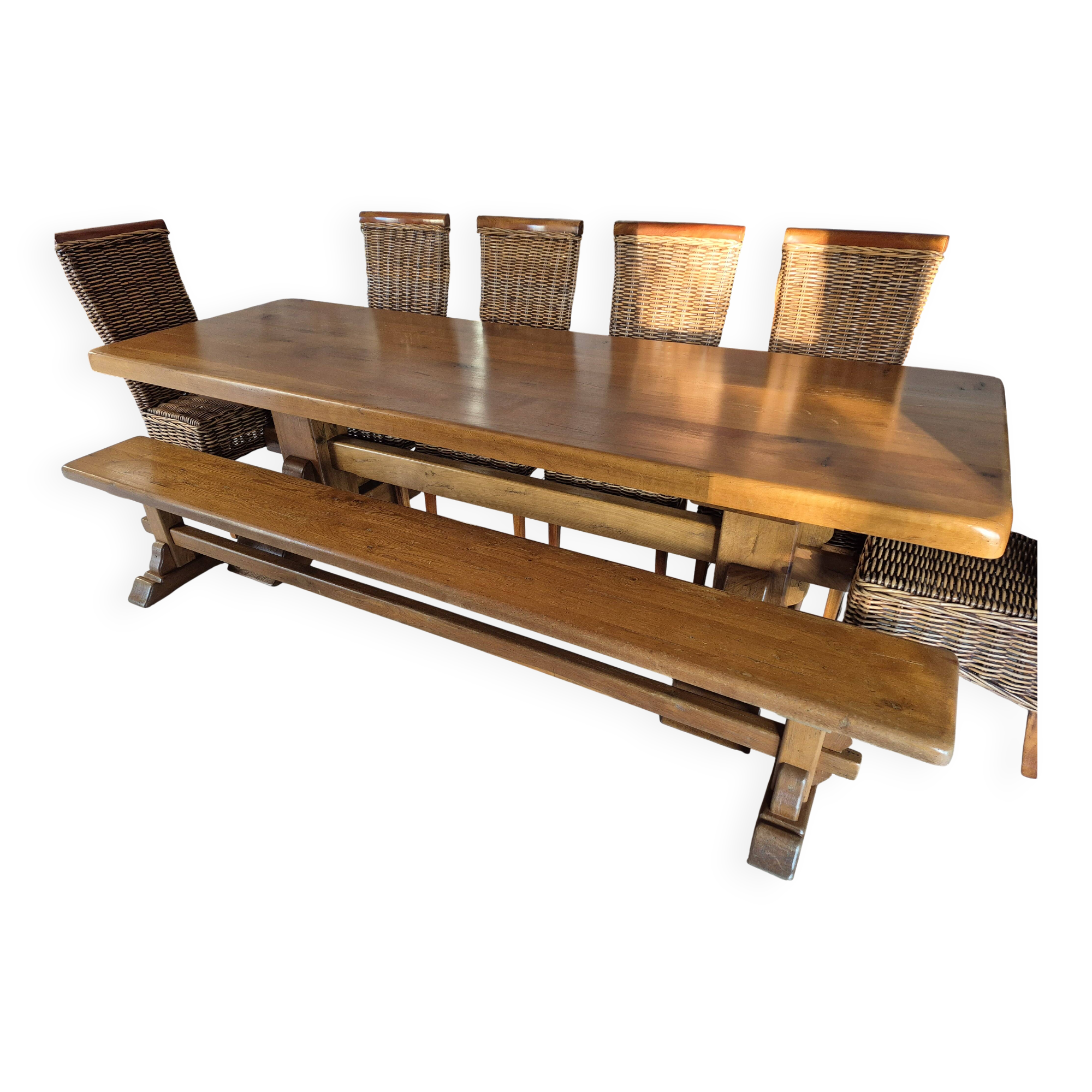 Monastery set in solid oak – table 2.60 m, benches and chairs
