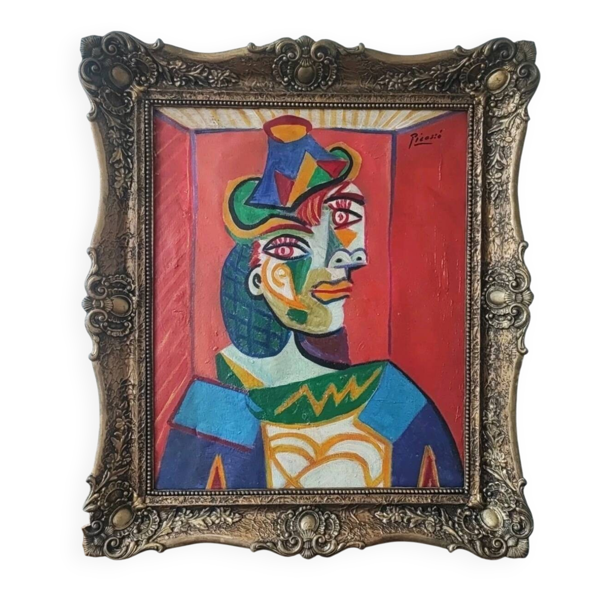 Portrait cubiste vintage d'une femme au chapeau, huile sur toile, rue Picasso