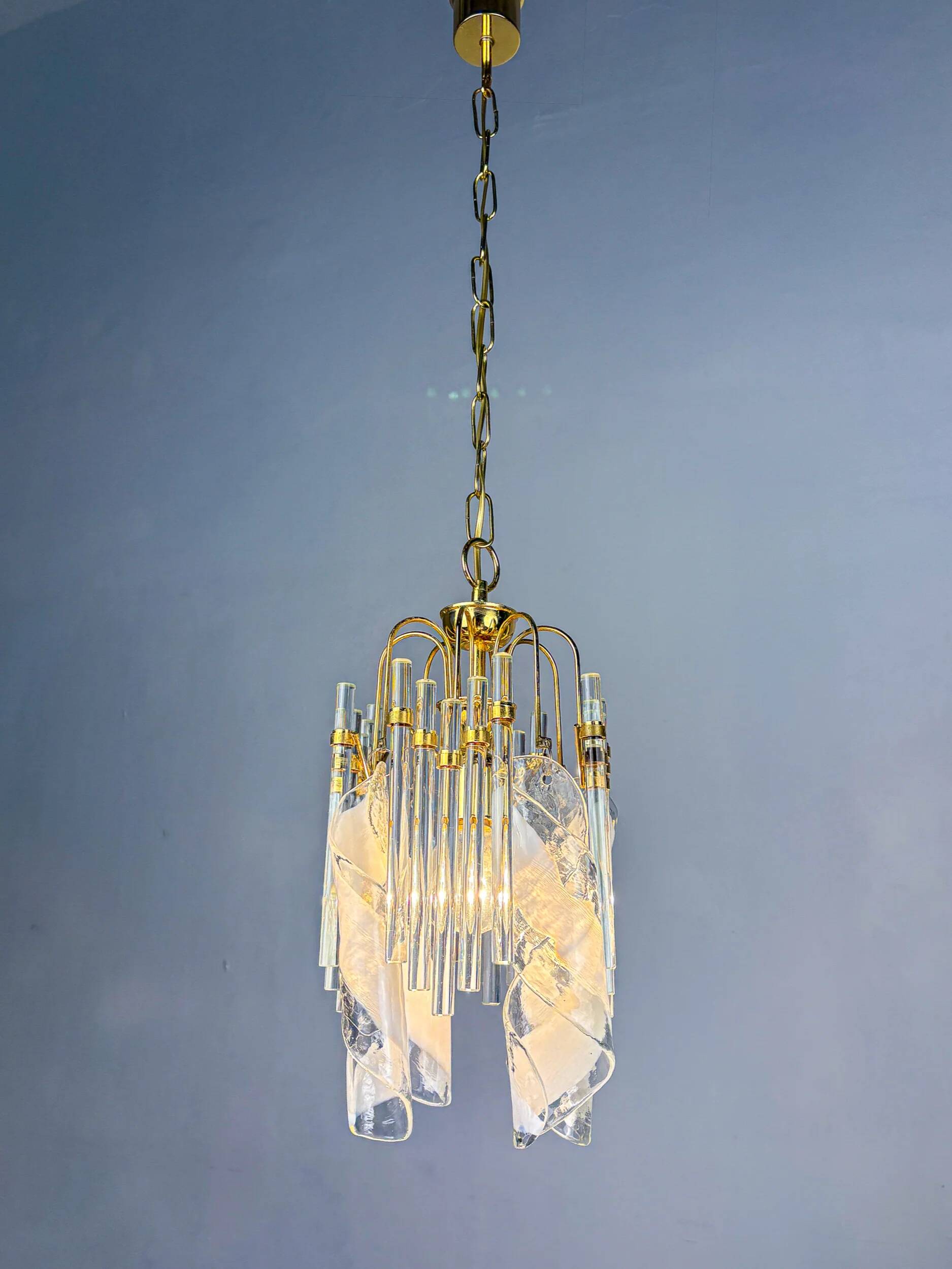 Murano glass cascade chandelier – twisted prisms & tubes, brass frame, Italy 1970s