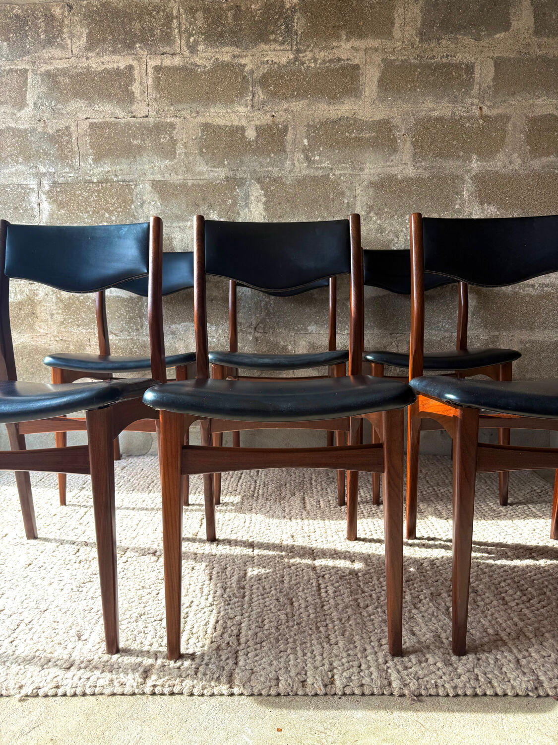 Scandinavian teak chairs, black faux leather (x6)