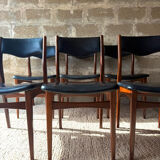 Scandinavian teak chairs, black faux leather (x6)