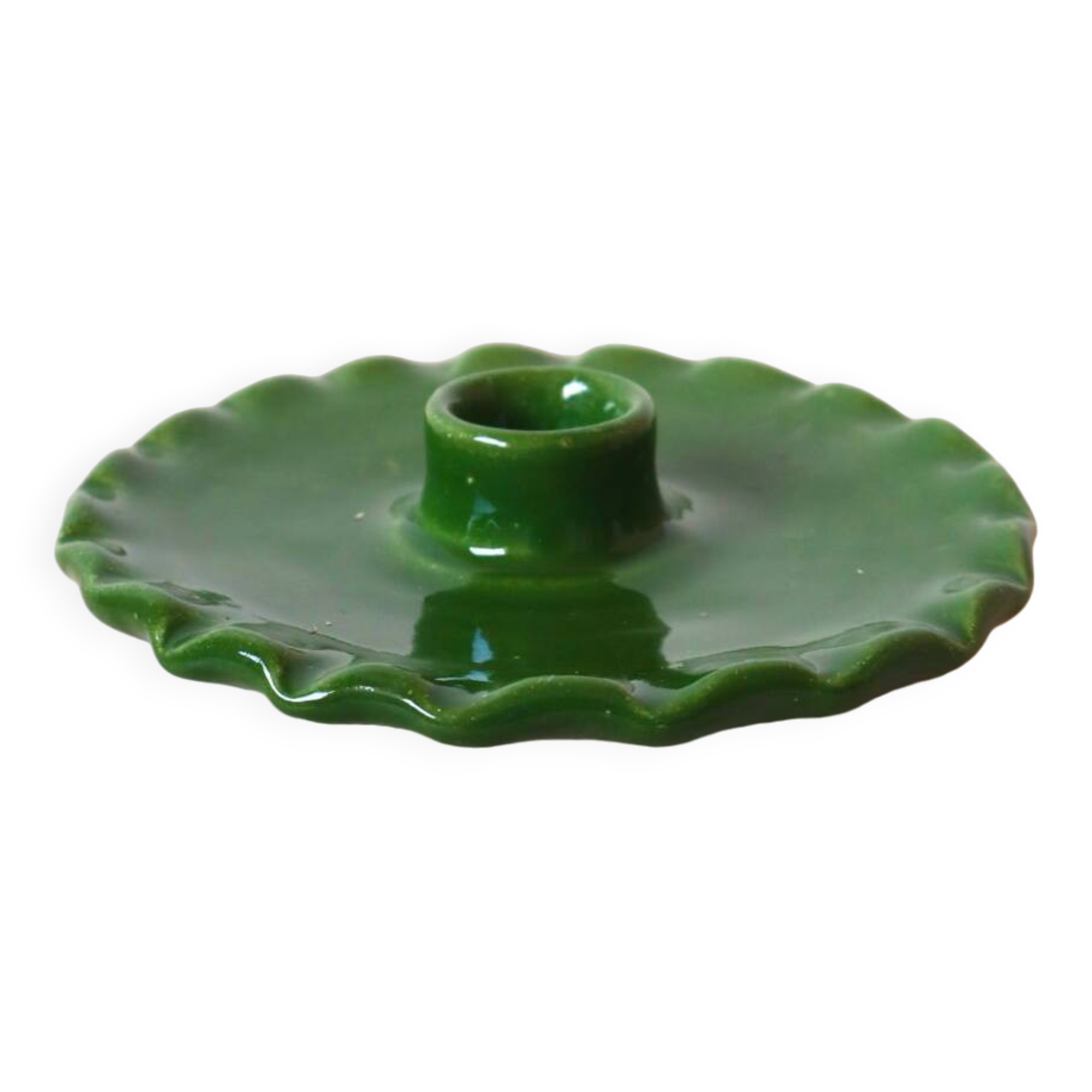 Ceramic candle holder serrated plate fir green