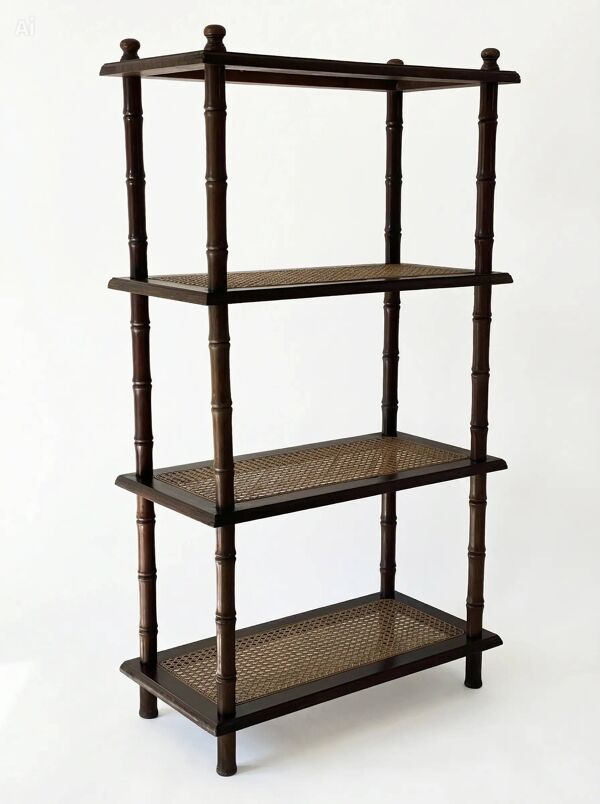 Étagère vintage bois et cannage style colonial 4 niveaux