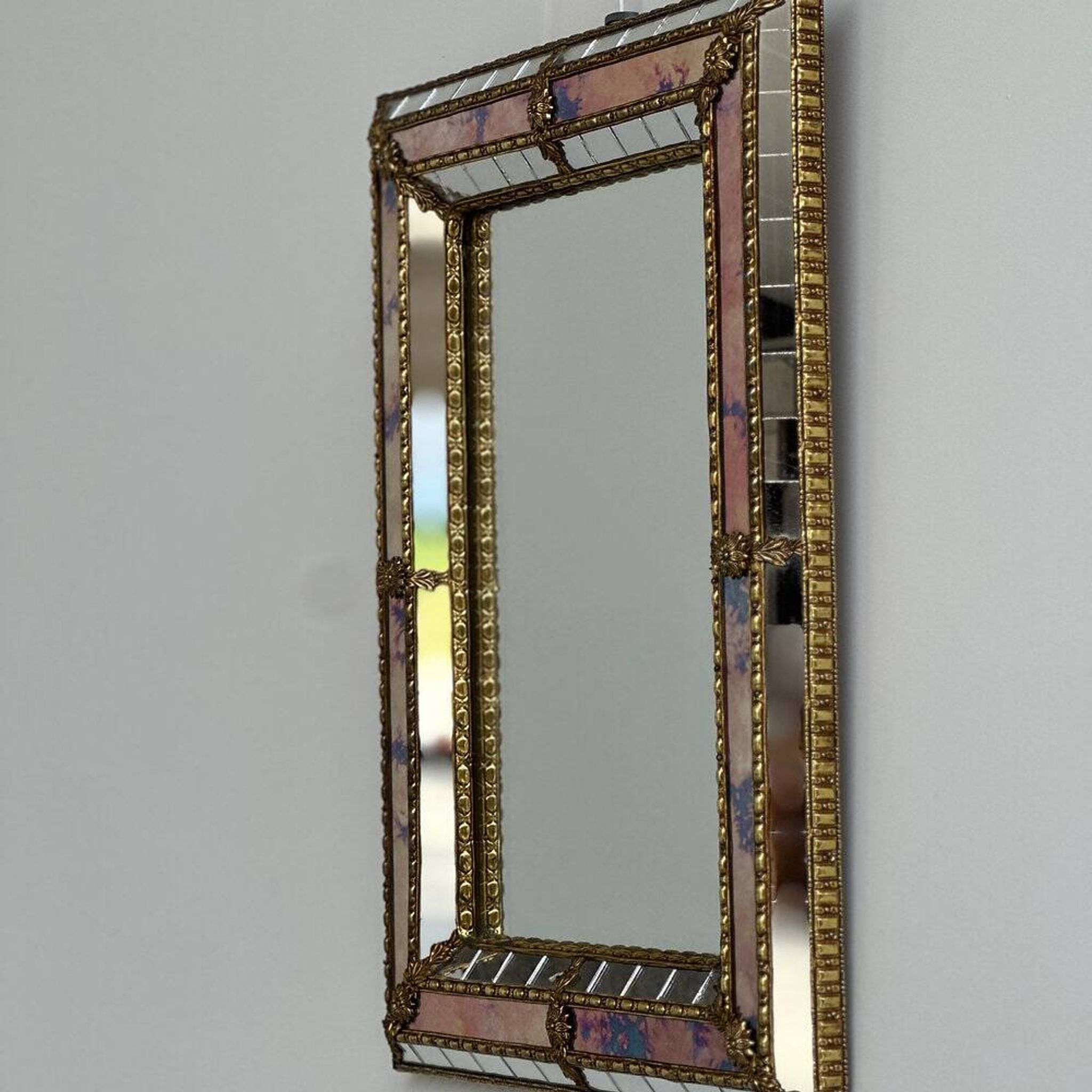 Small Spanish brass & mosaic mirror with stained pink glass, 1980s