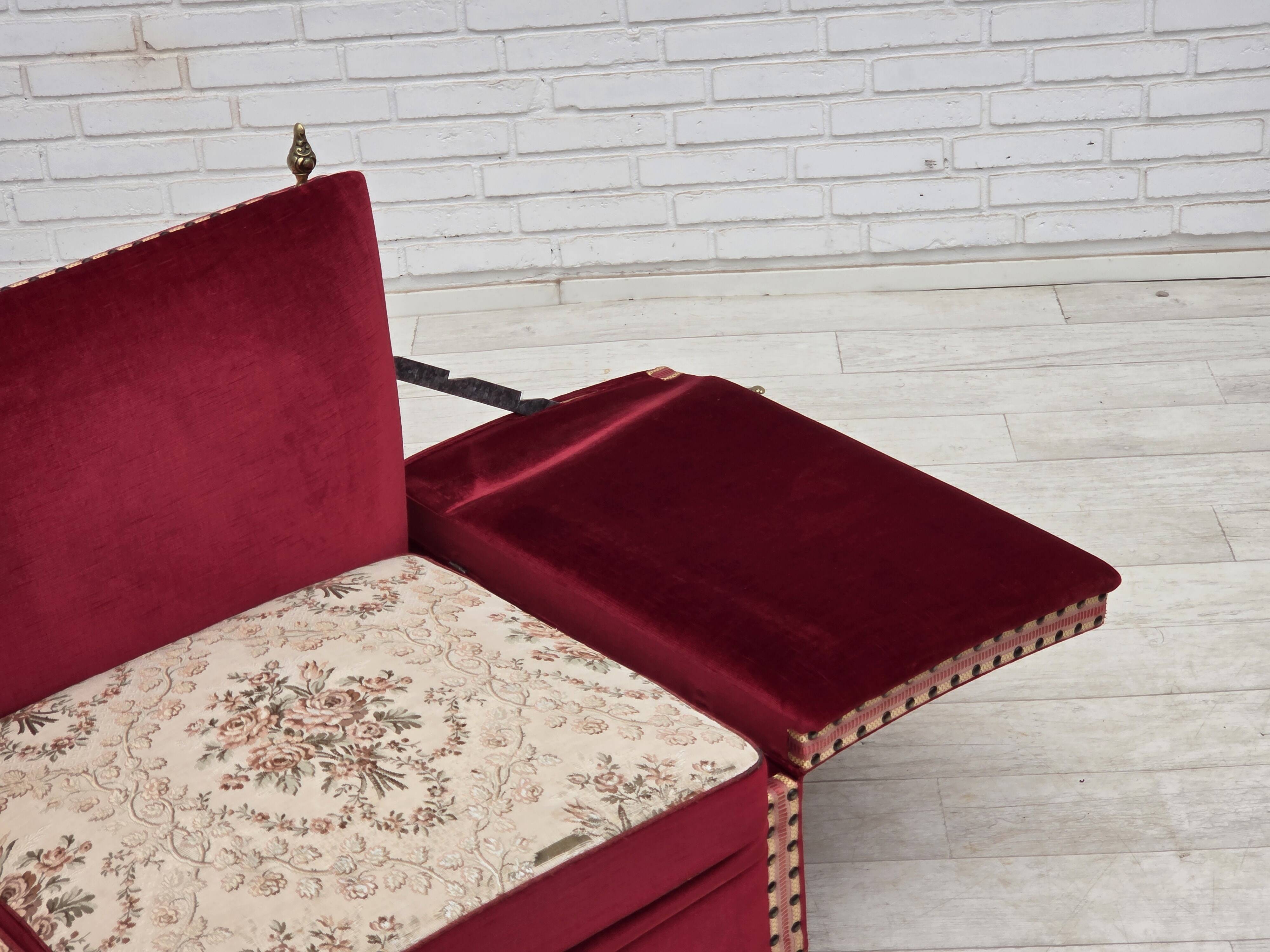 1970s, Danish 3-seater drop arm "Spanish" sofa, red furniture velour.