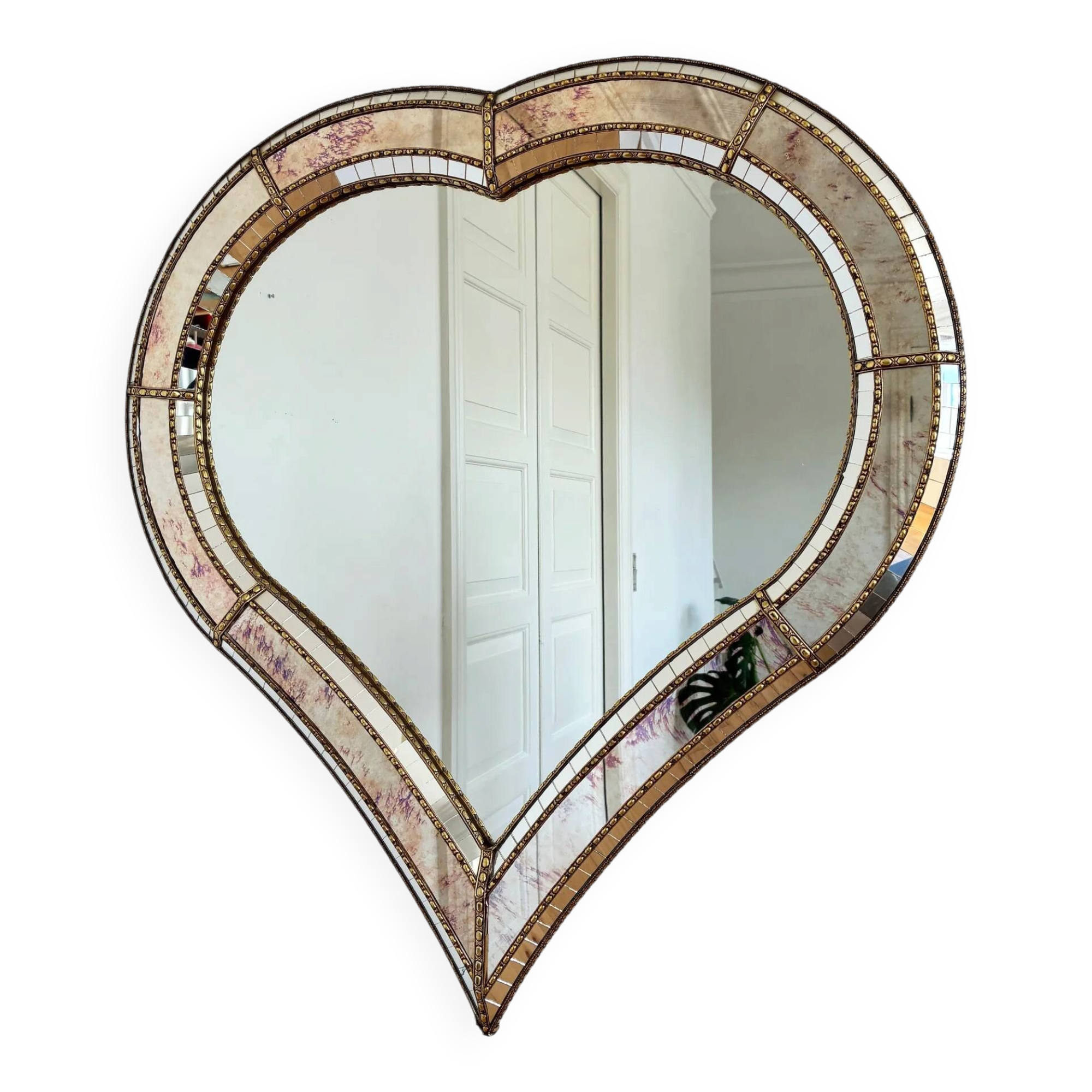 Large vintage Spanish Venetian-style wall mirror, brass, 1980s Hollywood Regency