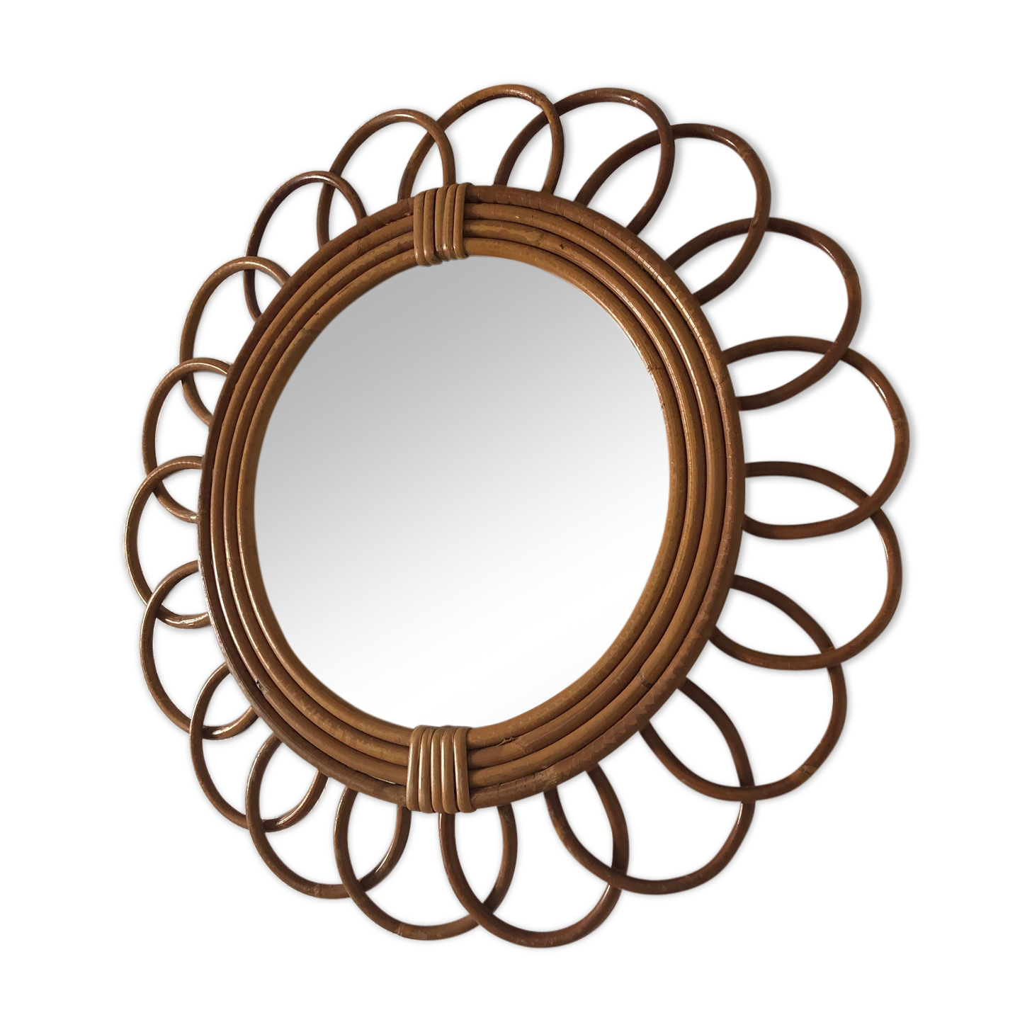 Miroir soleil fleur rotin 43cm vintage 1960