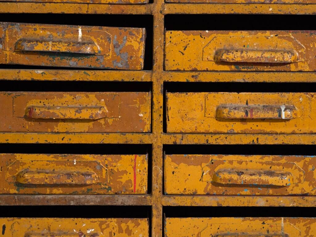 Industrial drawer unit in pine and iron – Central Europe, circa 1950
