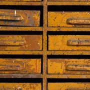 Industrial drawer unit in pine and iron – Central Europe, circa 1950