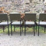 Vintage chairs guariche stone in Skaï green bottle and base in metal square tube.