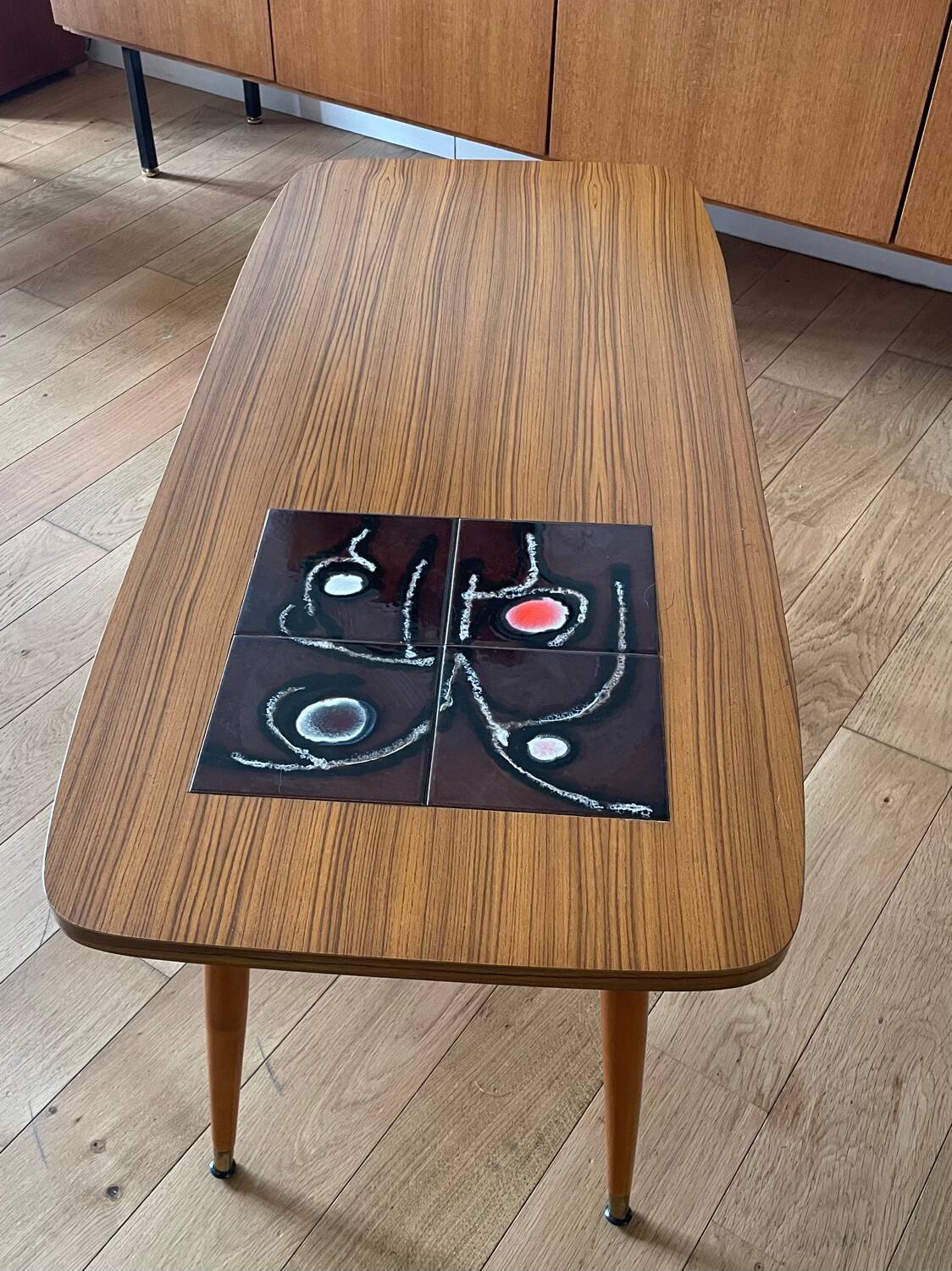 Rosewood veneer and ceramic coffee table, circa 1960