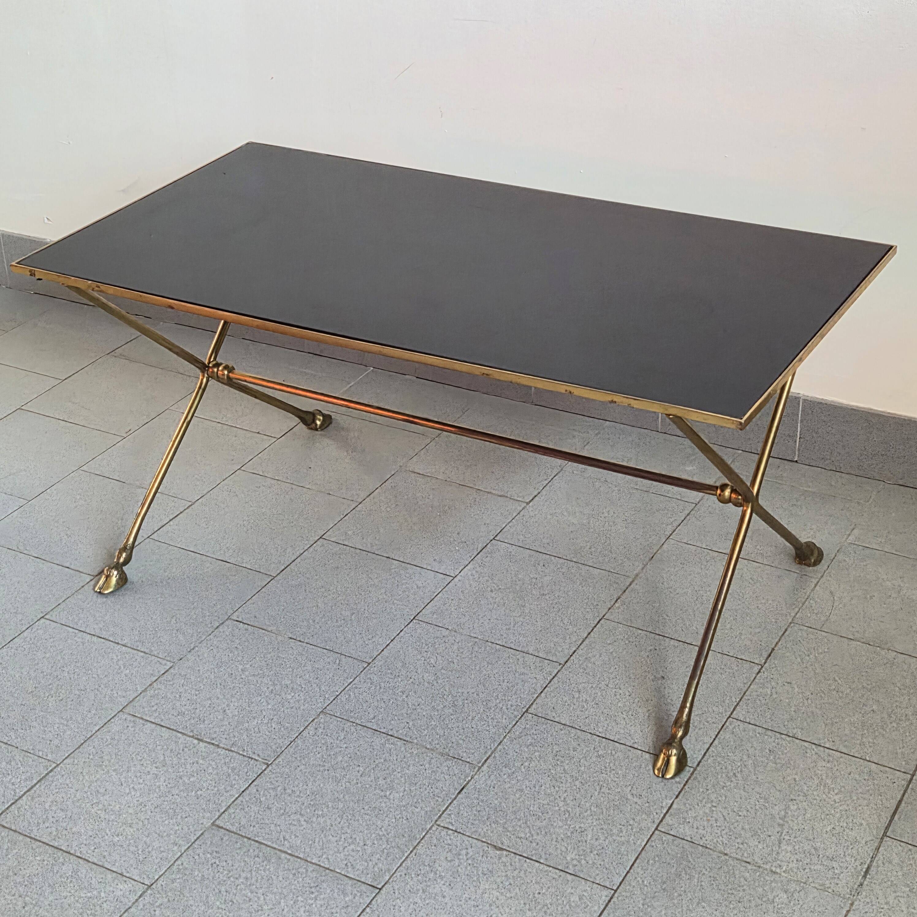 Vintage 1970 coffee table in bronze & glass with goat's foot legs 70s chic