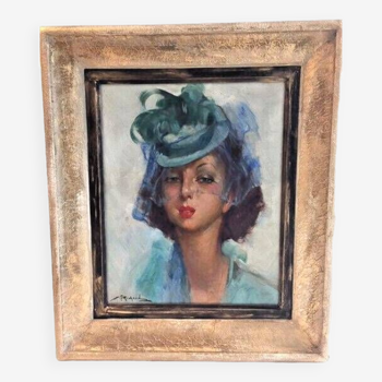 Old oil painting on canvas durango tog richard "elegant in hat" signed