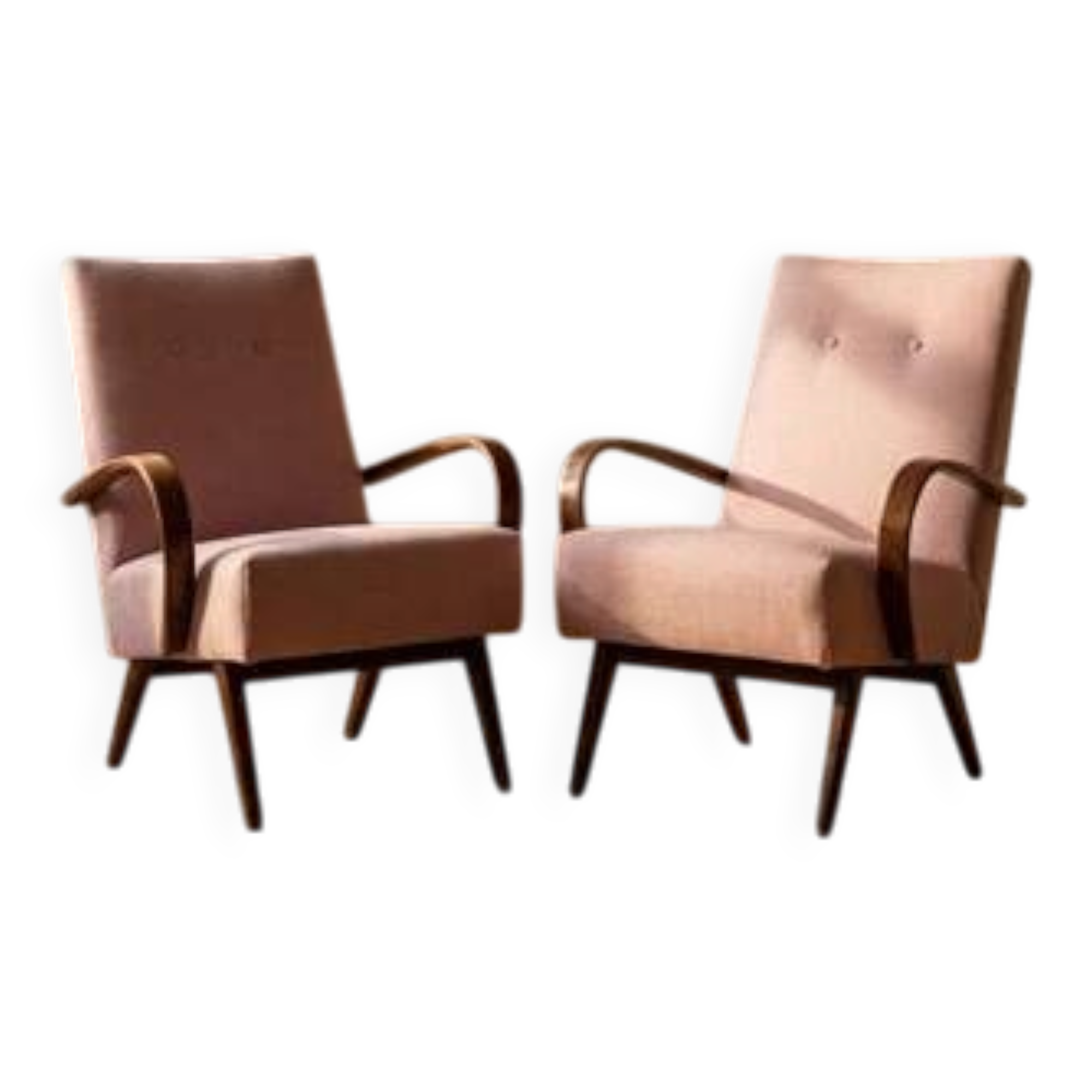 Restored bentwood armchairs by Jaroslav Šmídek, pair, Czechoslovakia, new pink upholstery, 61 × 82 × 81 cm