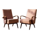 Chaises à bras en bois cintré restaurées par Jaroslav Šmídek, paire, Tchécoslovaquie, nouvel rembourrage rose, 61 × 82 × 81 cm