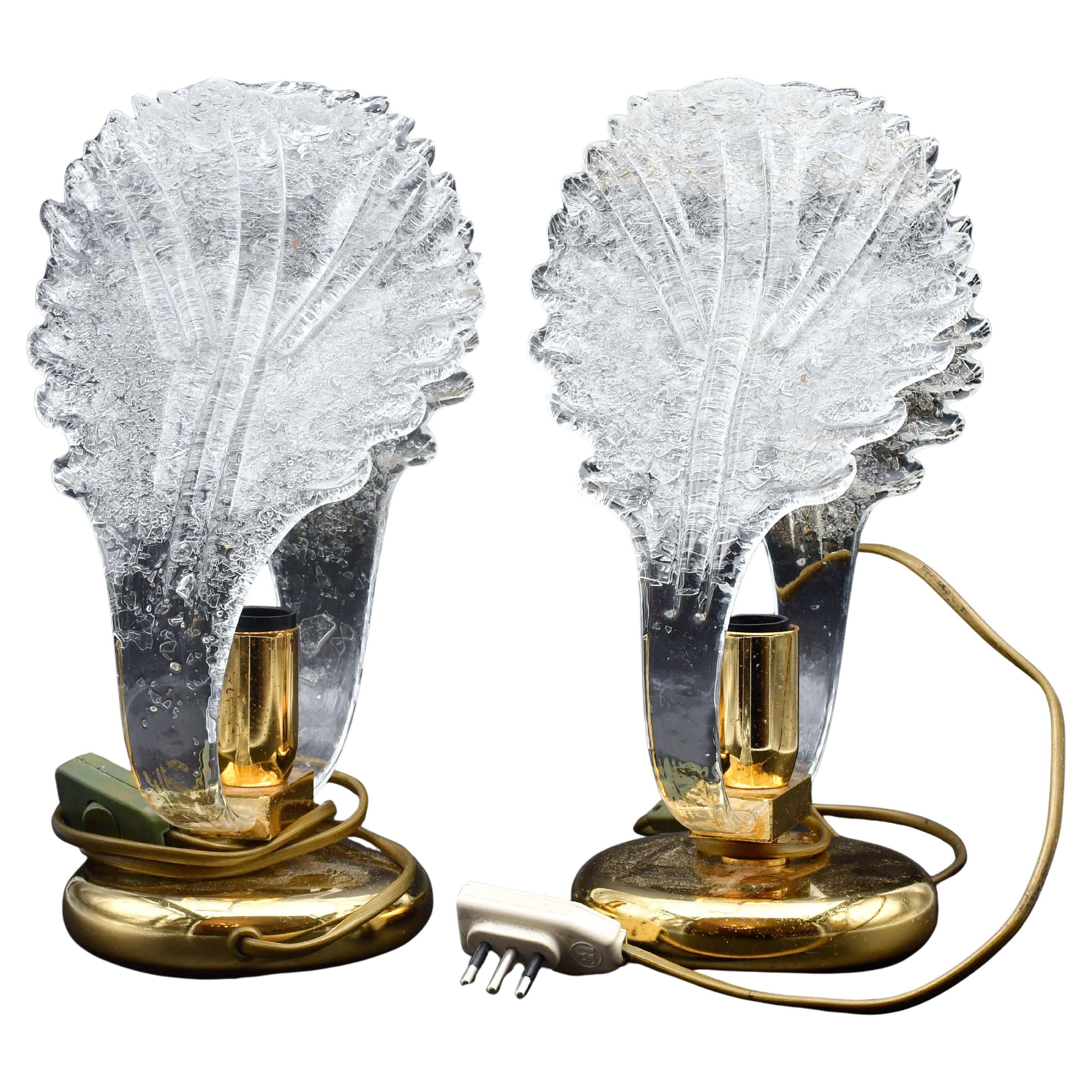 Set of 2 Murano glass "swan shape" table lamps with transparent leaves
