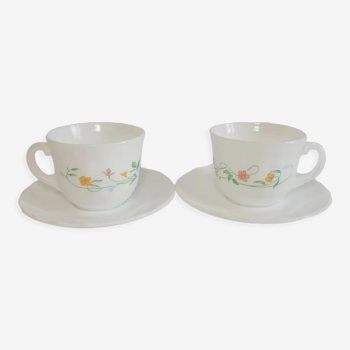 Set of 2 cups and under cups in opaline Arcopal vintage floral decorations