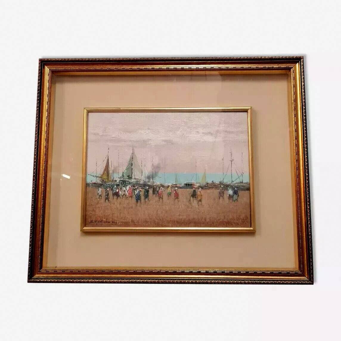 Sergio Manfredi pretty oil on panel depicting a lively seaside view