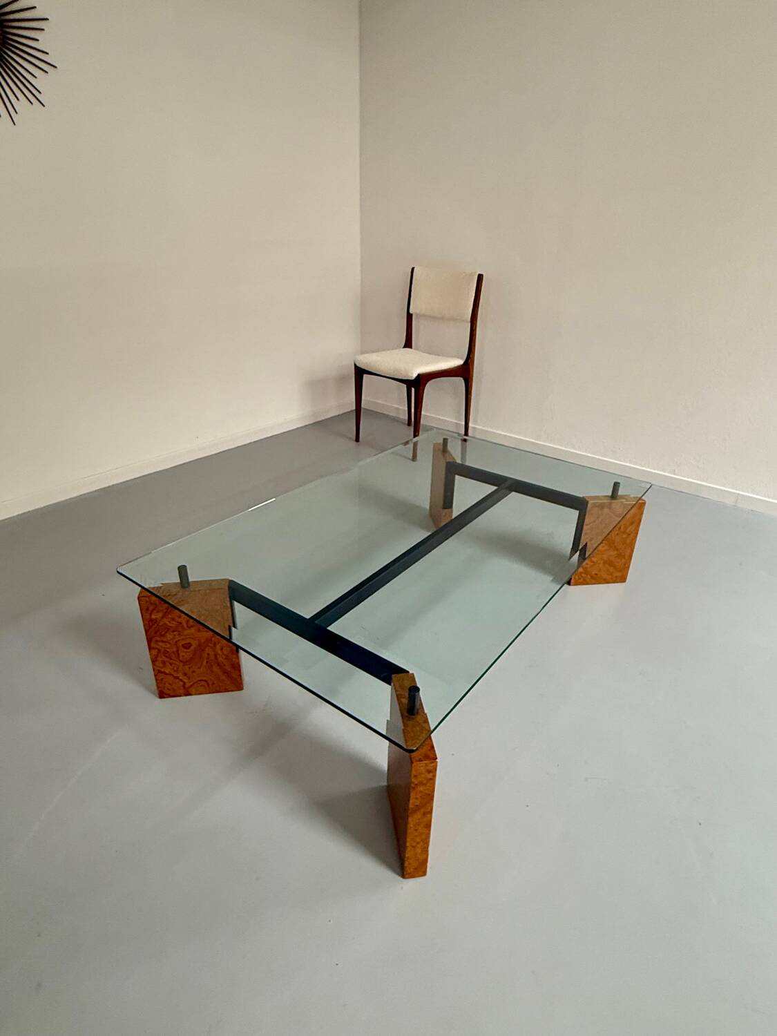 Old coffee table in glass and magnifying glass, French design Paul Michel, year 70