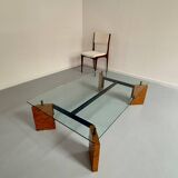 Old coffee table in glass and magnifying glass, French design Paul Michel, year 70