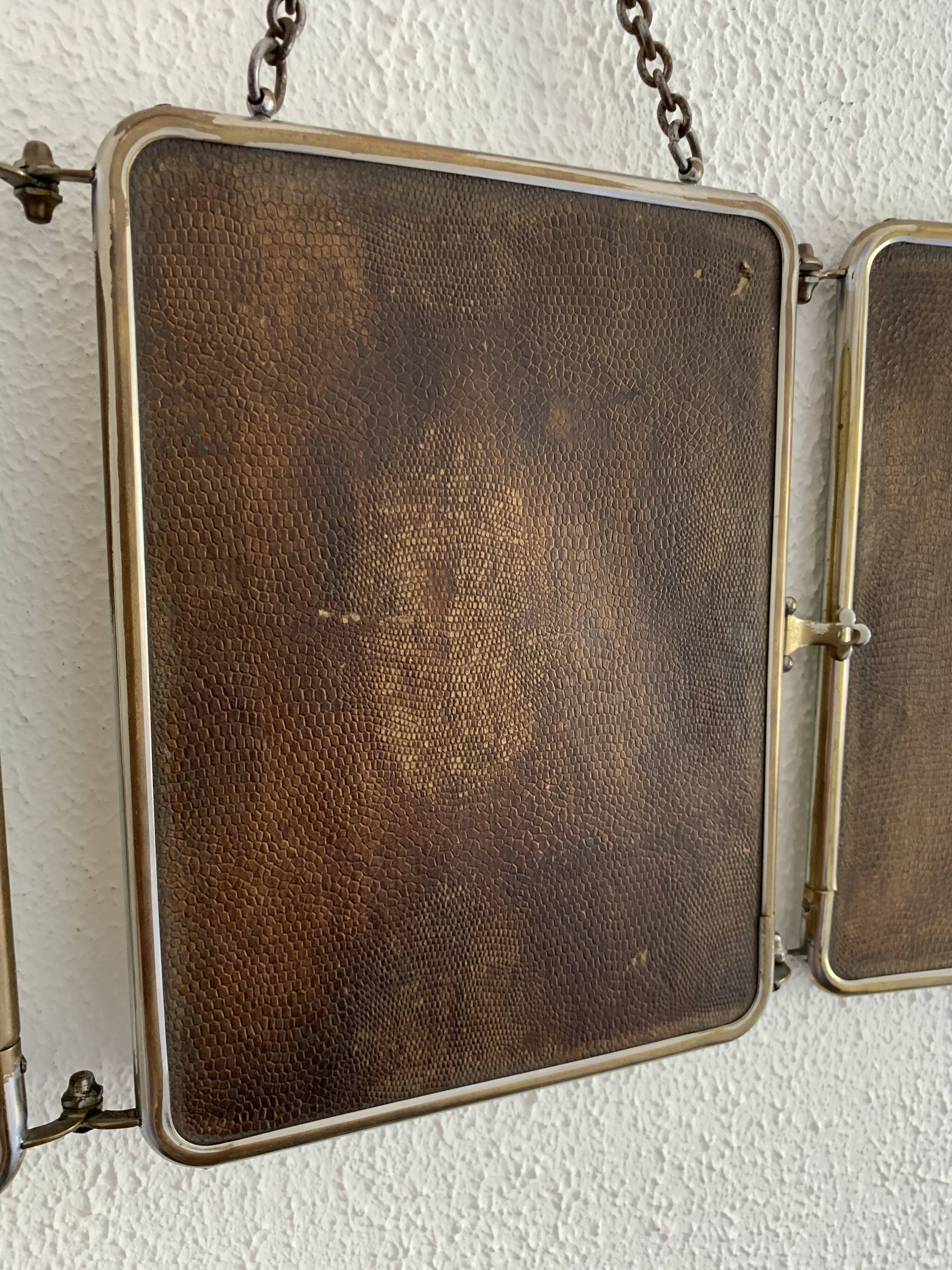Miroir vintage 1930 triptyque de barbier lézard brun Art Déco - 26 x 61 cm