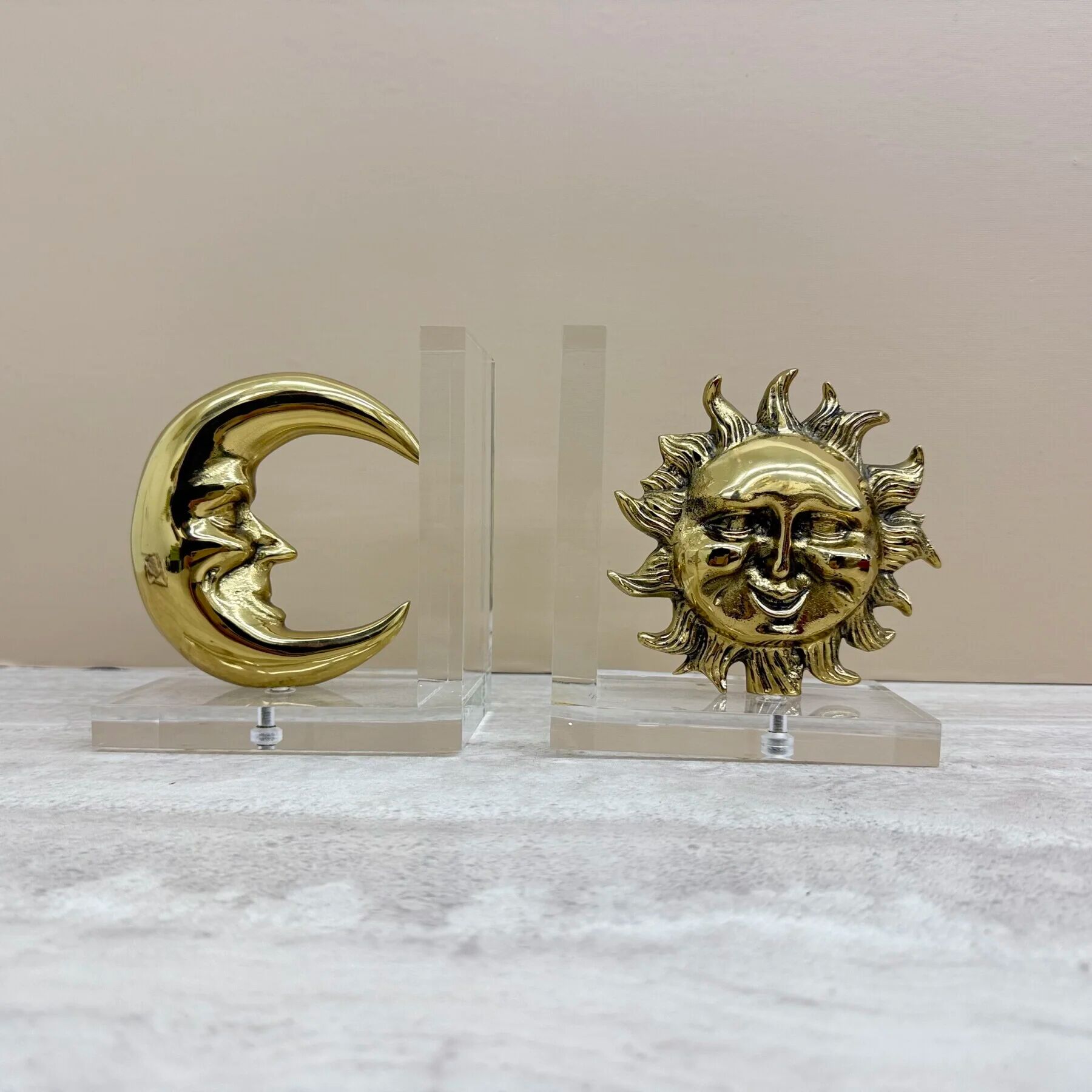Vintage bookends sun and moon lucite and brass, 1970s