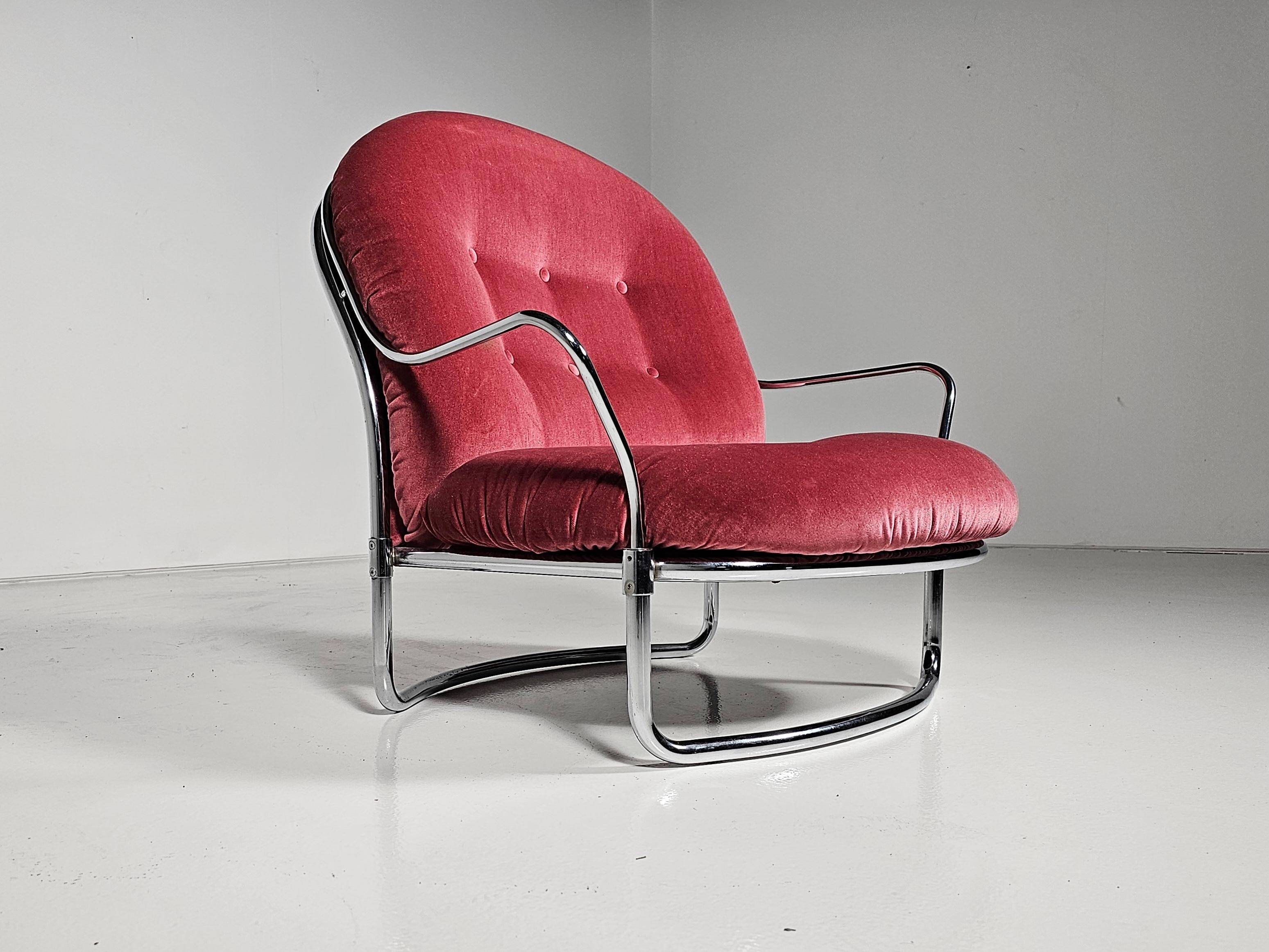 Pink velvet and chrome chaise longue Carlo de Carli for Cinova