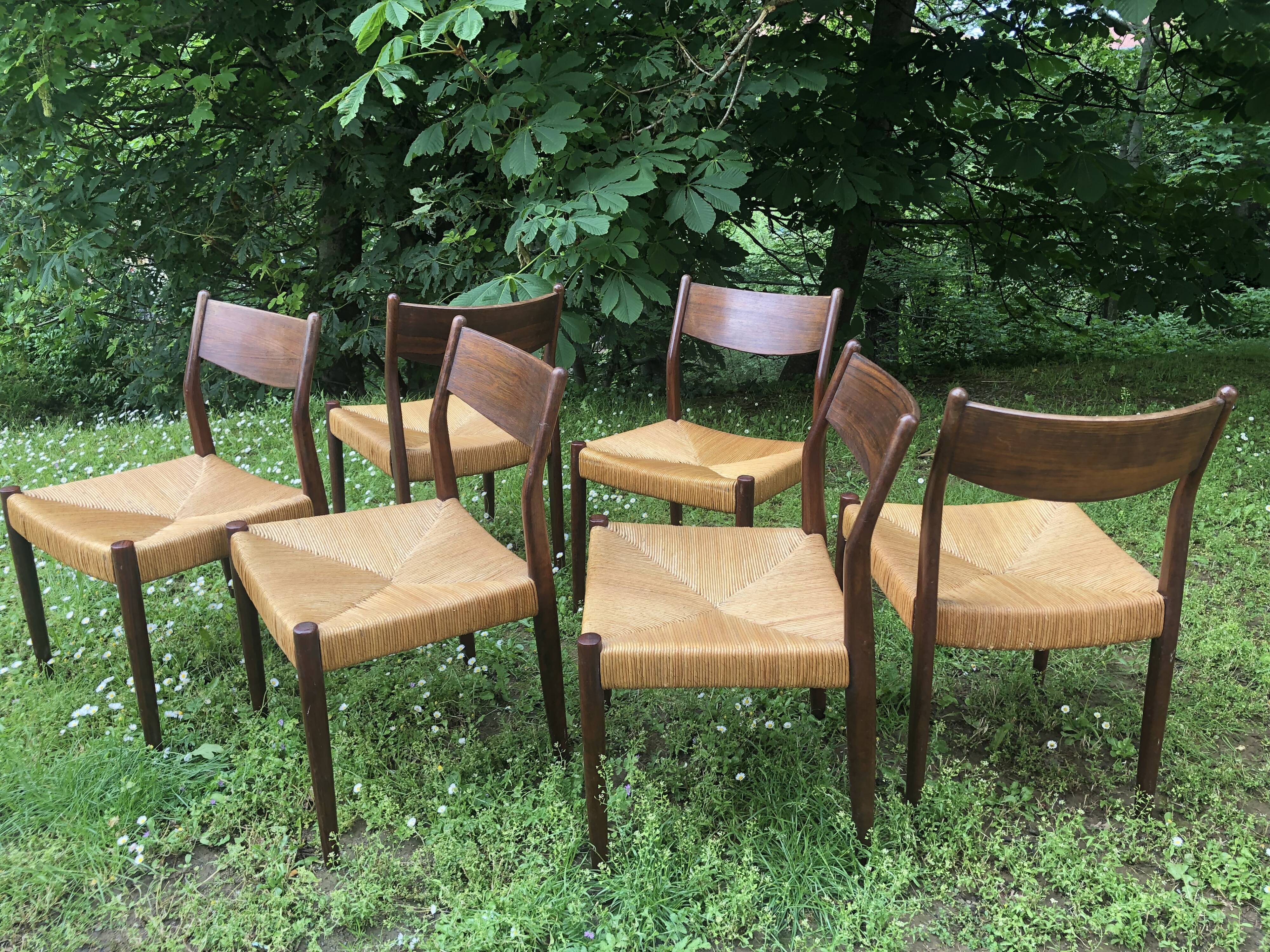6 wooden and straw chairs, Scandinavian design Cees Braakman for Pastoe, 1960