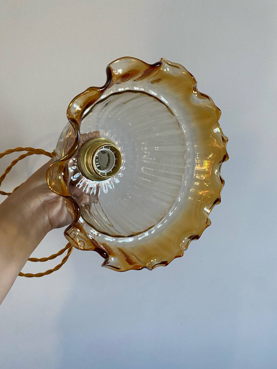 Suspension with vintage amber glass lampshade