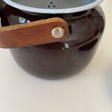 Scandinavian teapot, enameled iron and wood