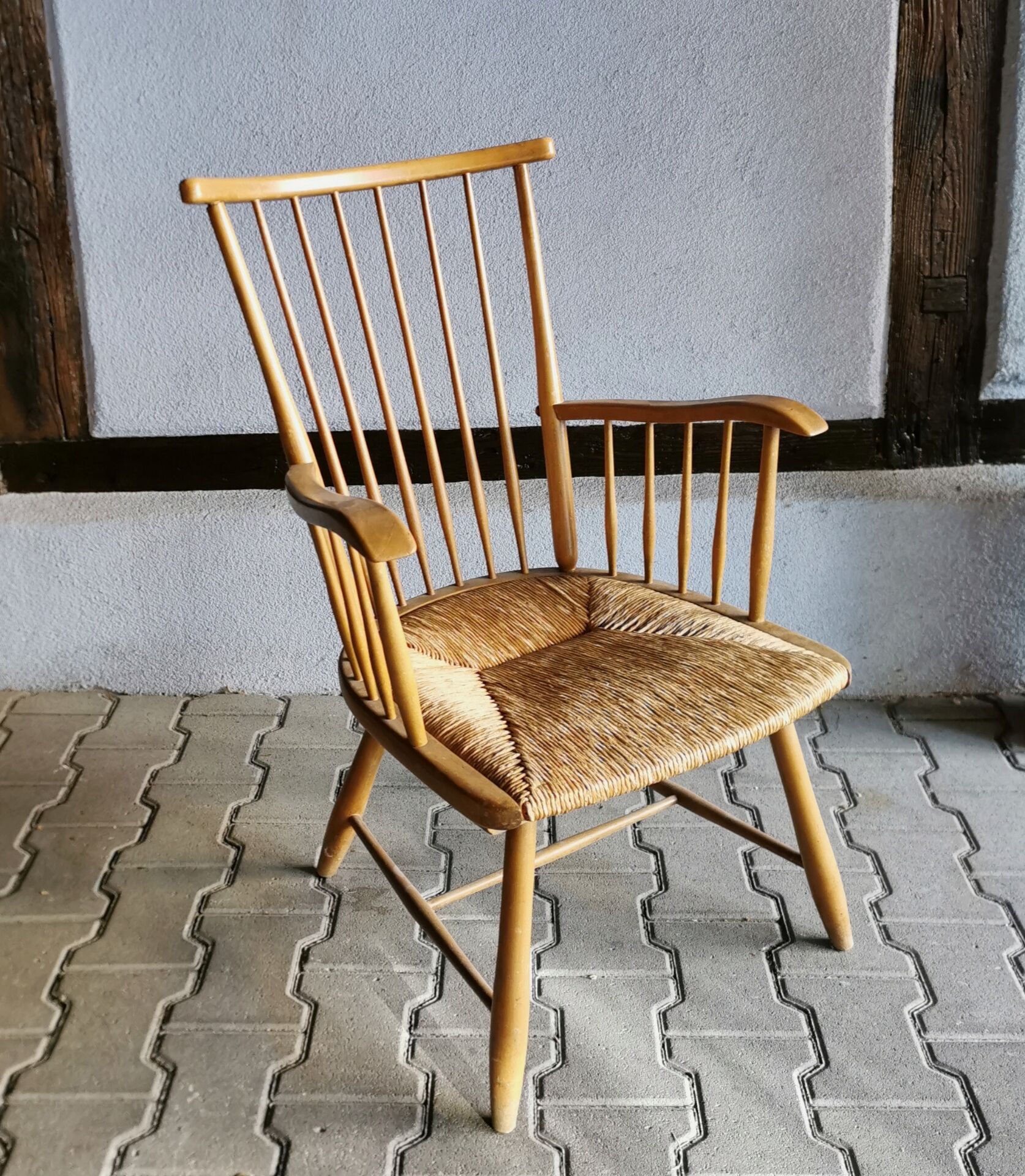 Vintage armchairs WKS design Arno Lambrecht rattan and wood 1950
