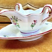 Ancienne saucière faïence Lunéville modèle réverbère rose tulipe