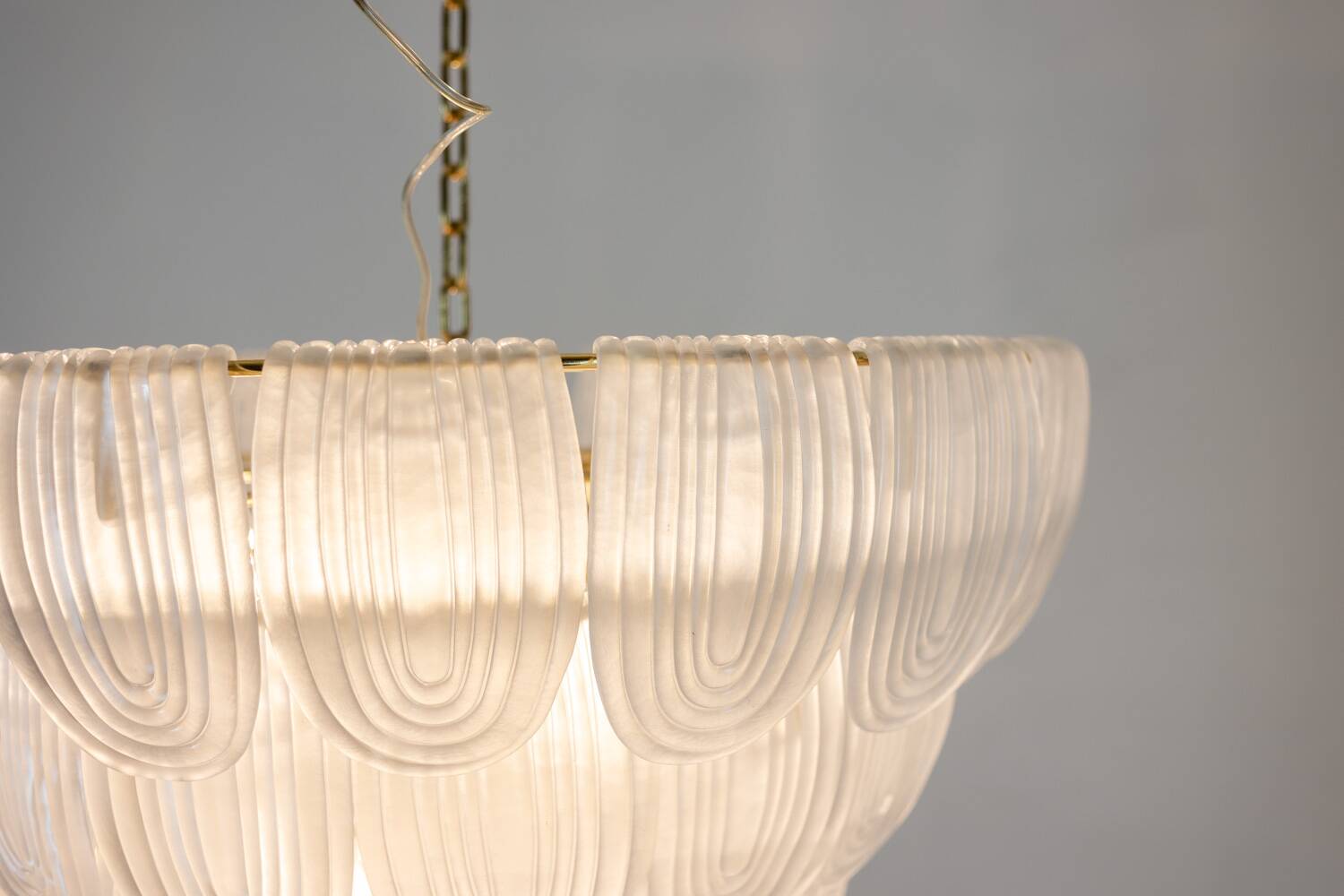 Translucent white Murano glass chandelier. Italy, contemporary work.