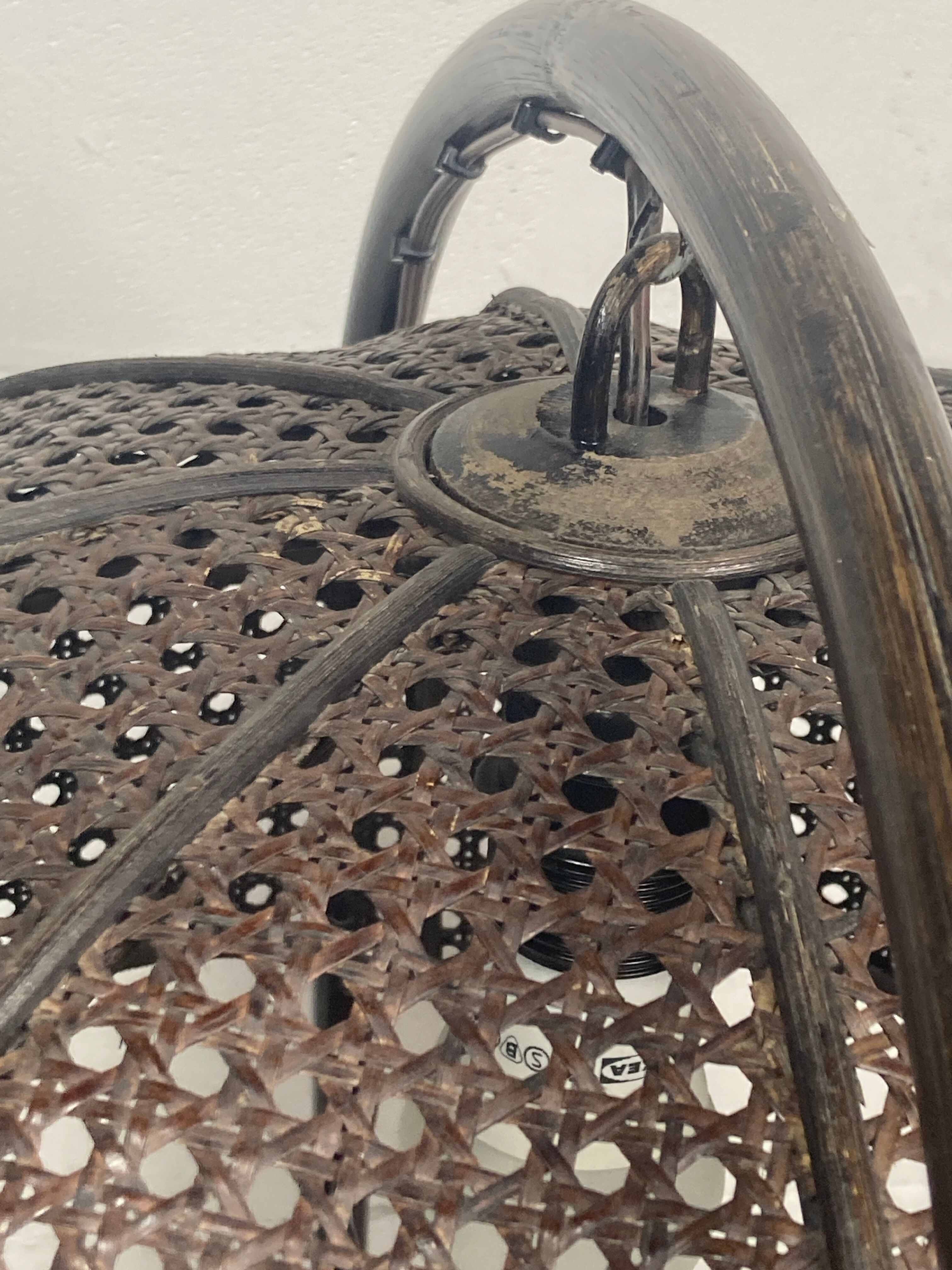 Faux bamboo rattan webbing side table with integrated hanging lamp, Dutch 1960s-1970s