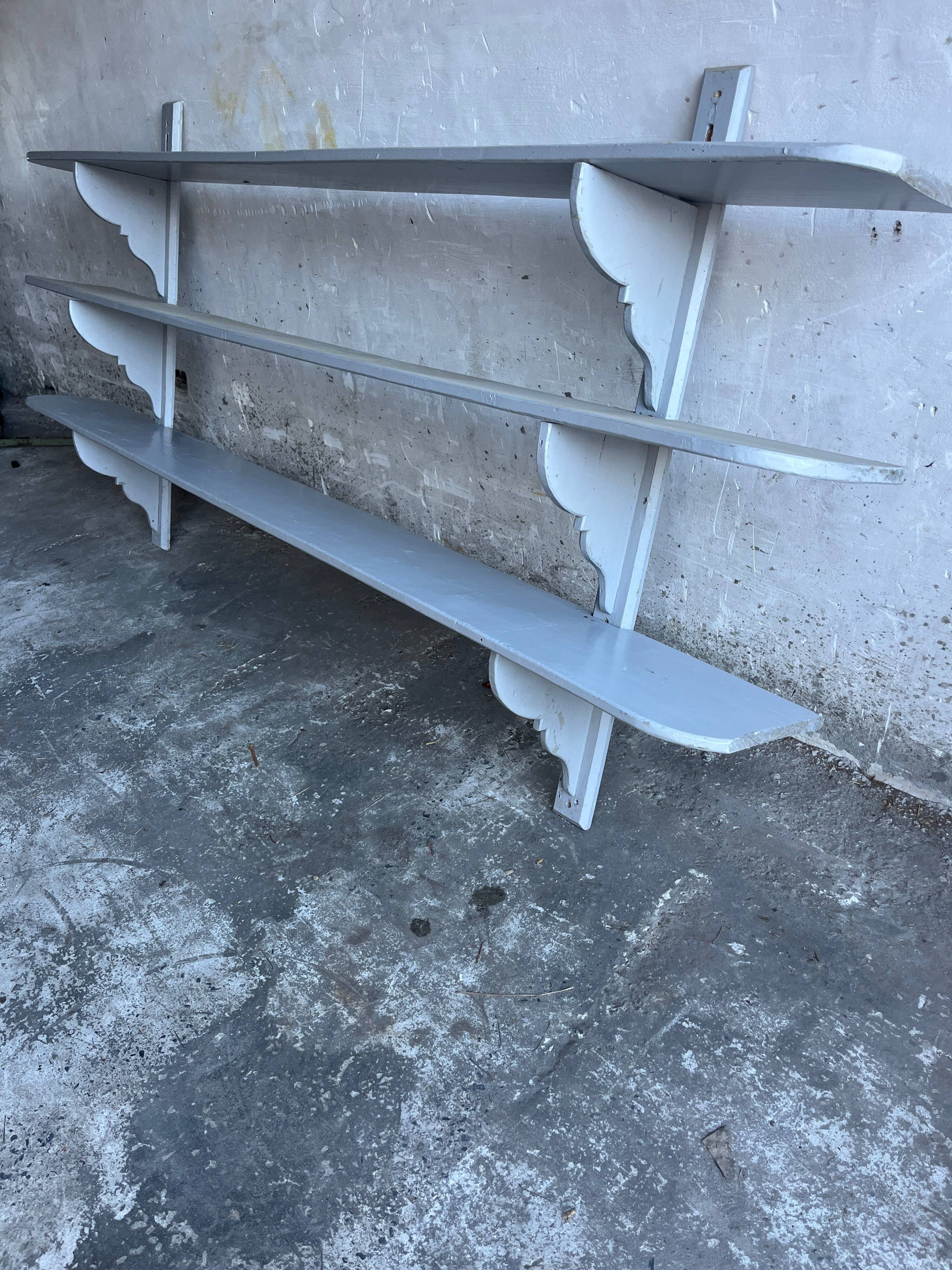 XL Antique French Wall Rack — Painted Grey Solid Wood, 3-Tier 249cm Industrial Farmhouse Shelf