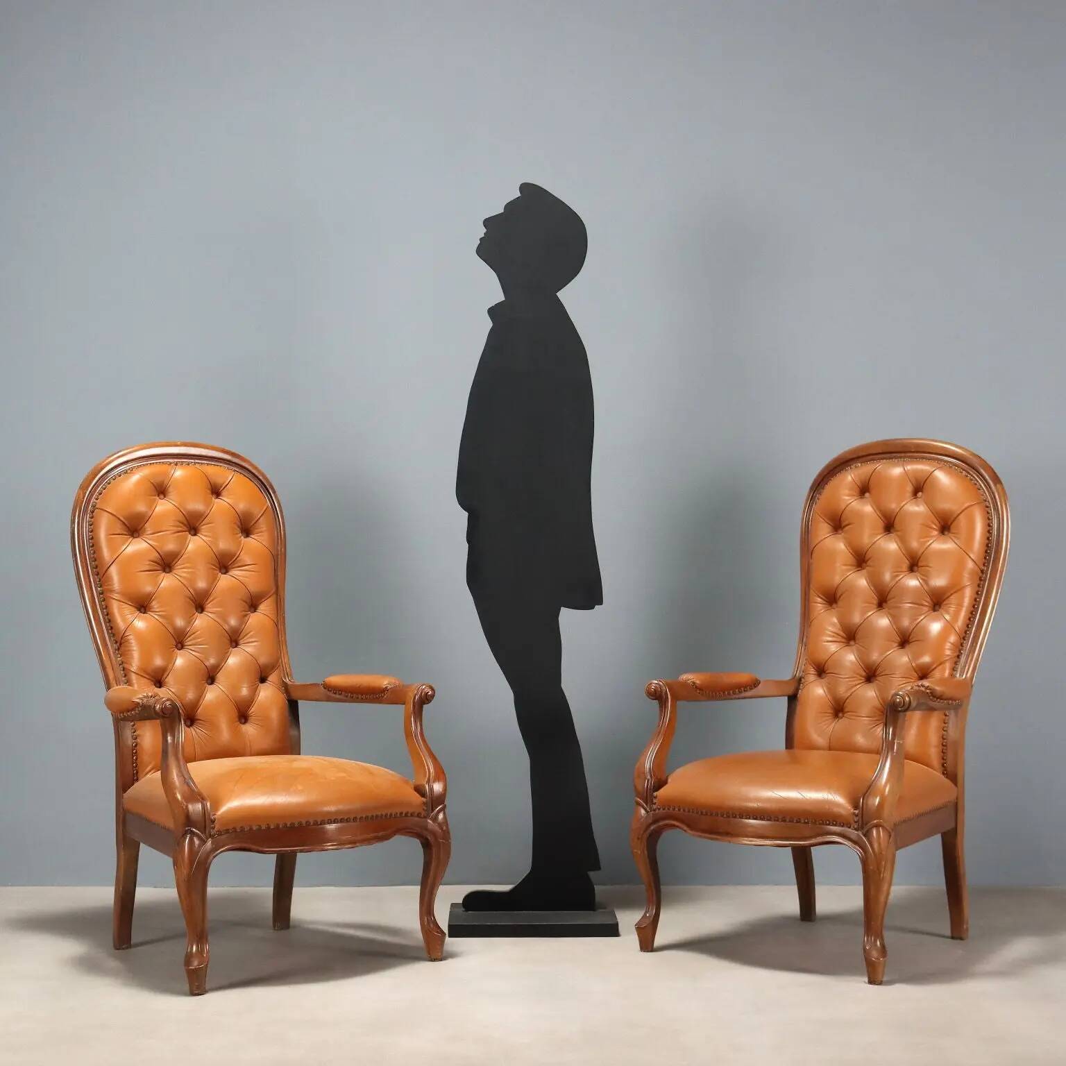 Antique walnut and leather armchairs, Italy, 20th century