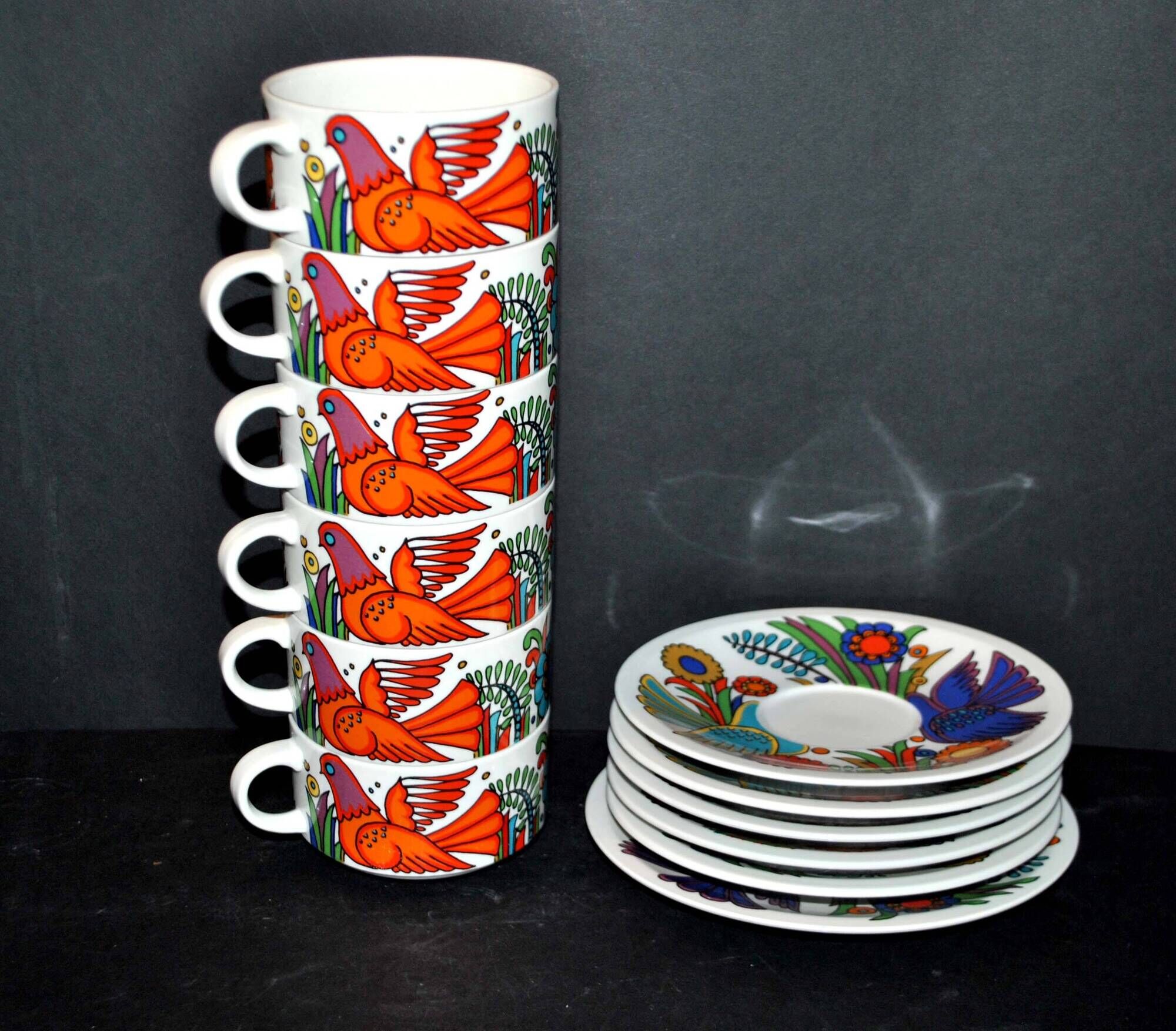 Lot 6 colorful bird cups acapulco by villeroy-boch vintage 1960-1970