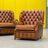 Vintage Chesterfield Brown Leather High Back sofa and Armchairs, Set of 3