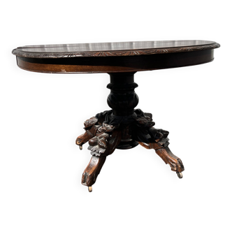 Oval hunting table in carved oak, 19th century style with dragons