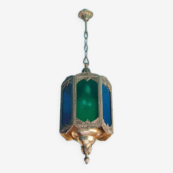 vintage suspension, vintage lantern, old lamp, brass suspension, colored glass, ceiling lamp