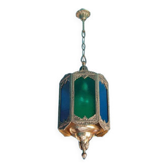 suspension vintage, lanterne vintage, lampe ancienne, suspension laiton, verre coloré, ceiling lamp