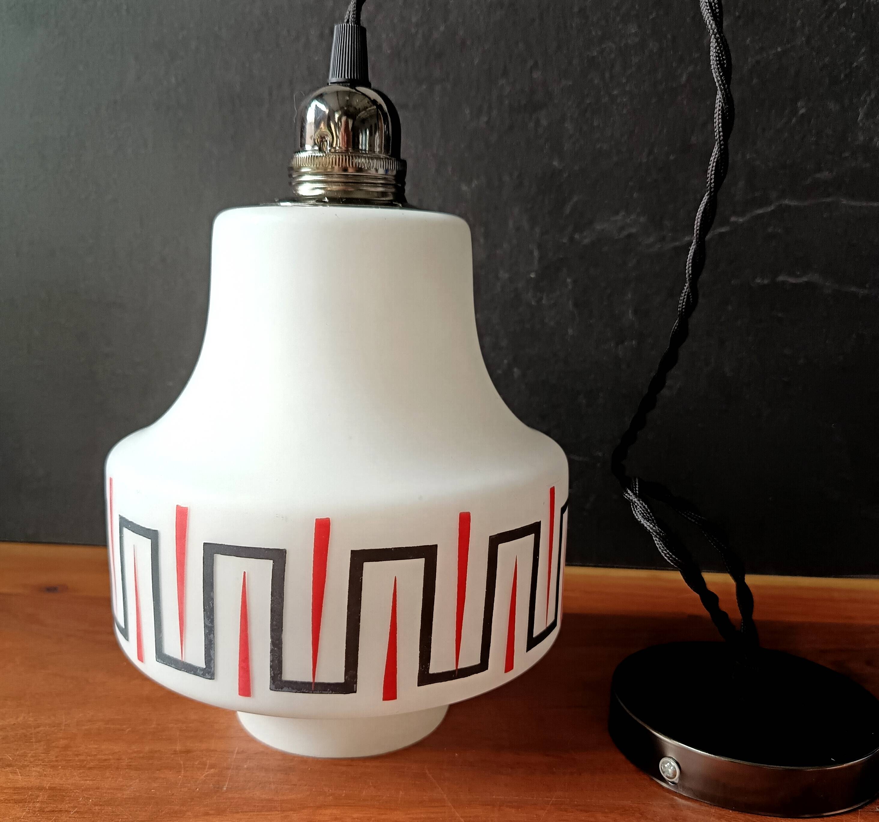 Vintage opaline glass pendant light, red and black geometric patterns, 1960s