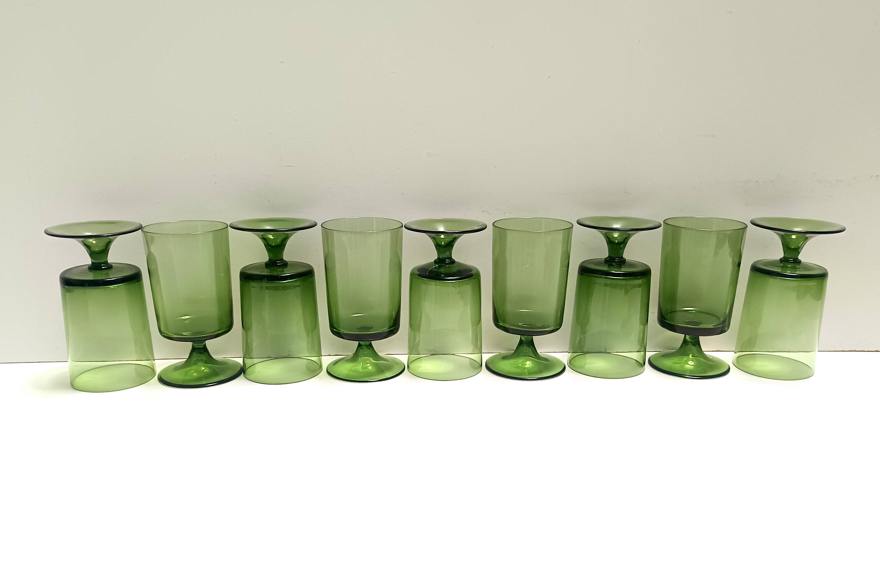 Set of Nine Green Hand-Blown Glass Drinking Glasses, Empoli, Italy