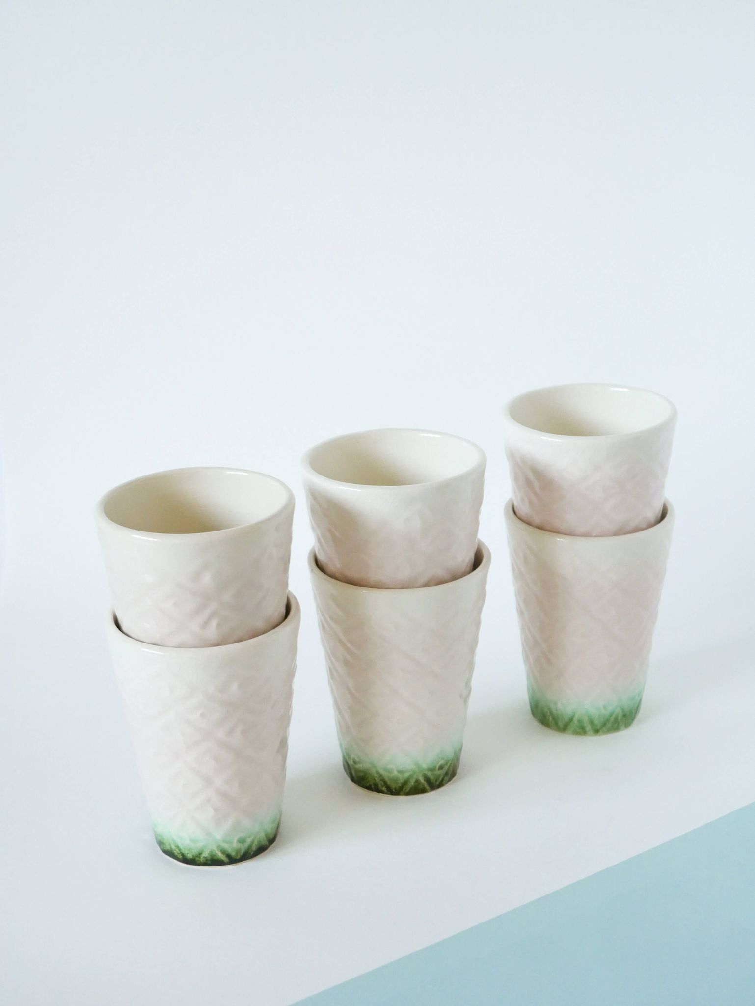 Set of 6 pink and green slip glasses Digoin Sarreguemines, 1970