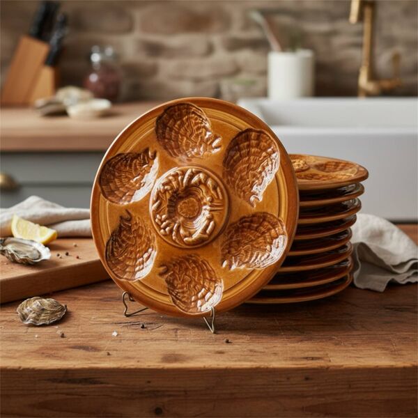 Lot de 9 assiettes à huîtres barbotine Sarreguemines