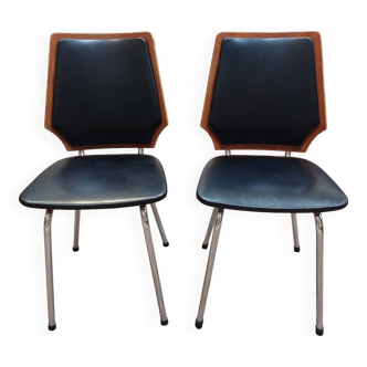 Pair of vintage chairs in black faux leather and bent wood