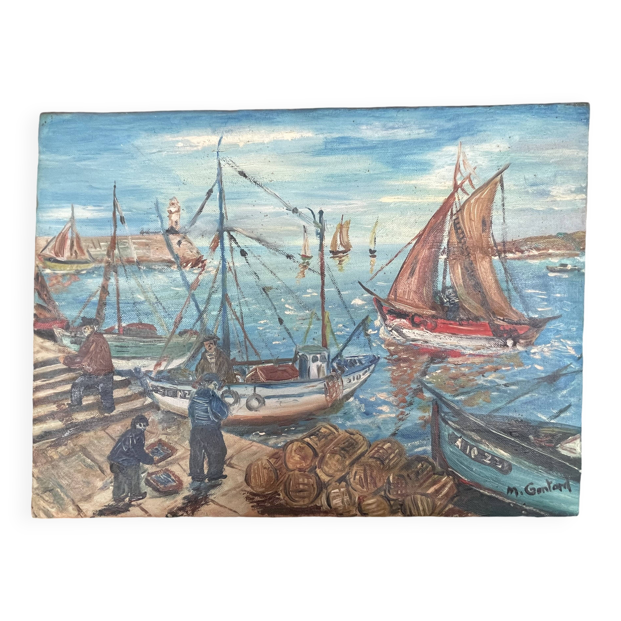 old marine, oil on canvas, M. Gontard! back from fishing 40 x 30 cm
