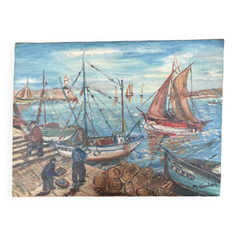 old marine, oil on canvas, M. Gontard! back from fishing 40 x 30 cm