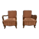 Pair of 1920s brown armchairs in carved wood and fabric, with caning detail.